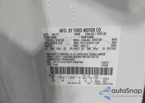 2012 Ford F-150 Fx4 из США, поврежденный, VIN 1FTFX1ET4CFC86743